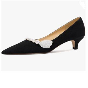 Wo Wagas Black Pearls Bead Pumps Slip On Closed Pointed Toe Kitten Low Heel Shoe